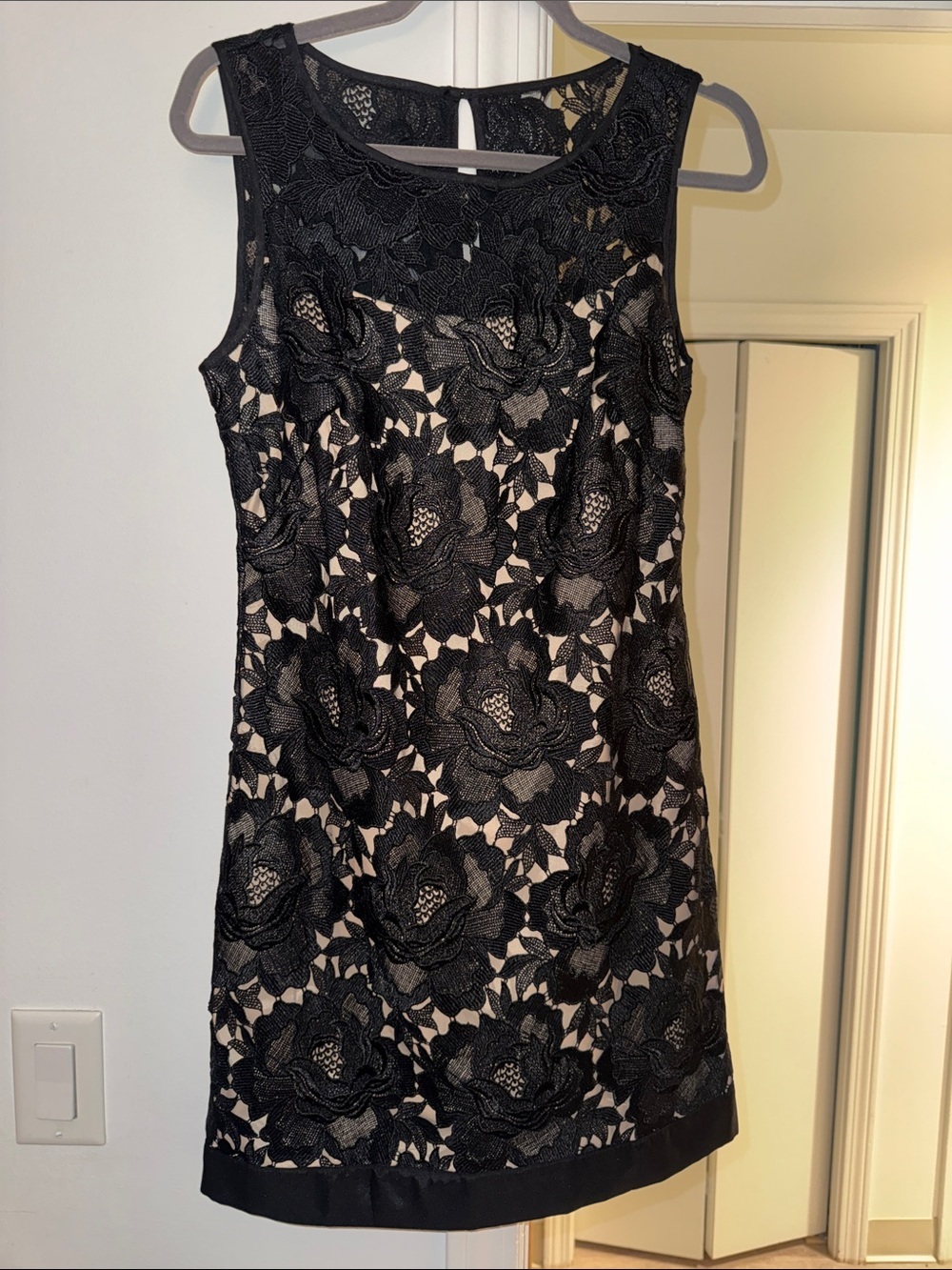 White House Black Market Black Floral Lace Mini Dress with Nude Lining
